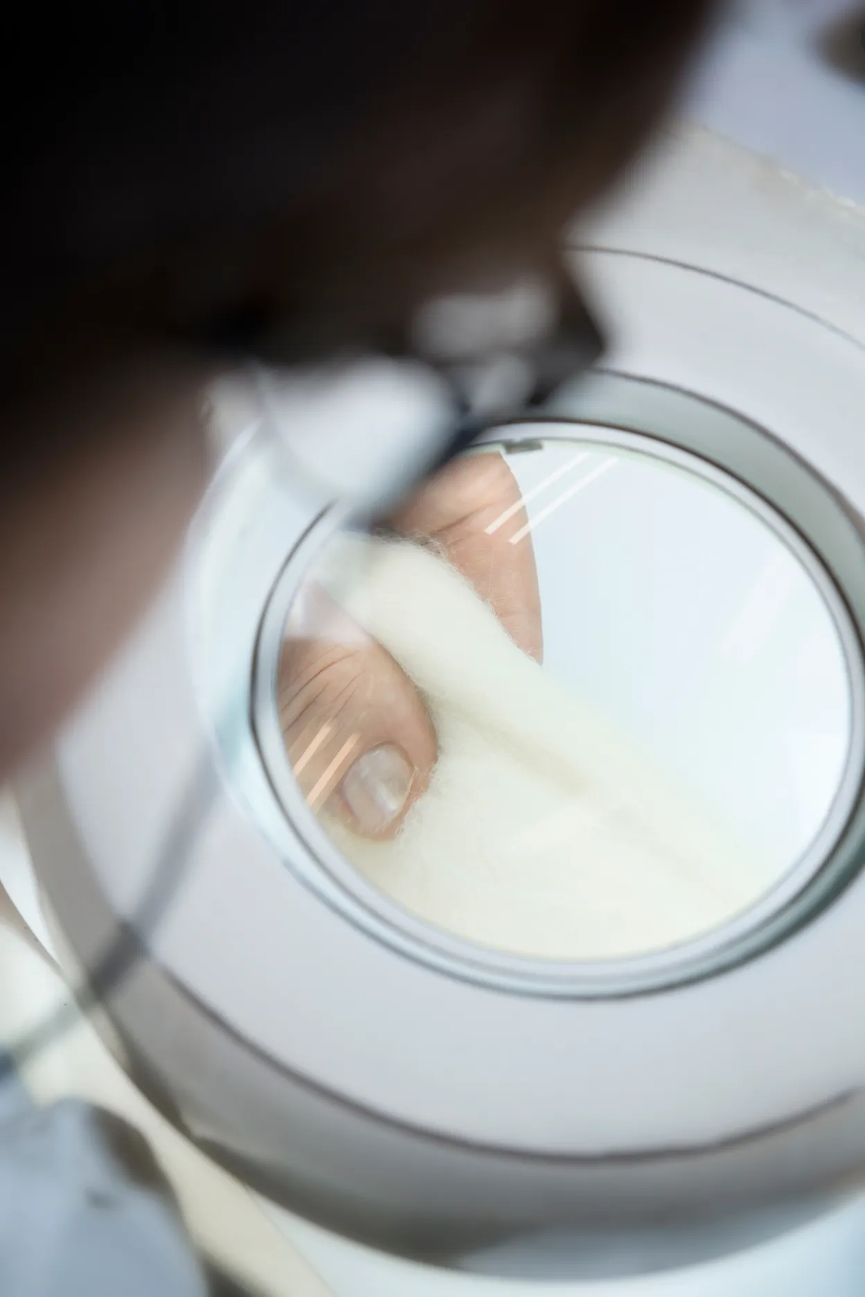 Inspecting a wool fiber sample through a magnifying glass